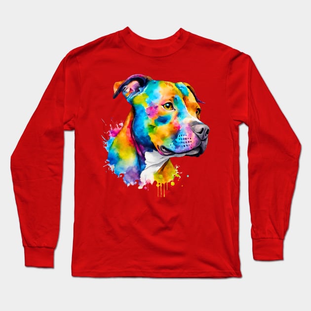 Pitbull Watercolor Portrait Long Sleeve T-Shirt by Doodle and Things